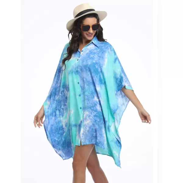 Ekouaer Womens Swimsuit Cover Up 34 Sleeve Beachwear Bikini Coverups Button Down Oversized Cover Up Shirt S3XLPat2tie Dye