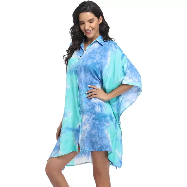 Ekouaer Womens Swimsuit Cover Up 34 Sleeve Beachwear Bikini Coverups Button Down Oversized Cover Up Shirt S3XLPat2tie Dye