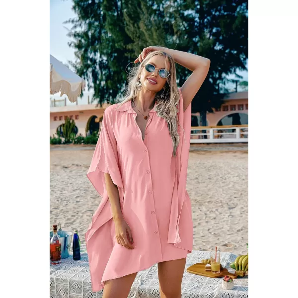 Ekouaer Womens Swimsuit Cover Up 34 Sleeve Beachwear Bikini Coverups Button Down Oversized Cover Up Shirt S3XLPink