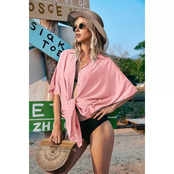 Ekouaer Womens Swimsuit Cover Up 34 Sleeve Beachwear Bikini Coverups Button Down Oversized Cover Up Shirt S3XLPink