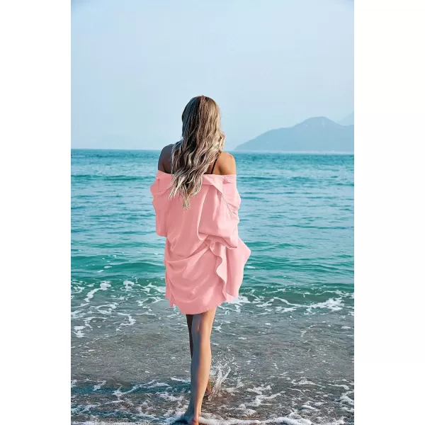 Ekouaer Womens Swimsuit Cover Up 34 Sleeve Beachwear Bikini Coverups Button Down Oversized Cover Up Shirt S3XLPink