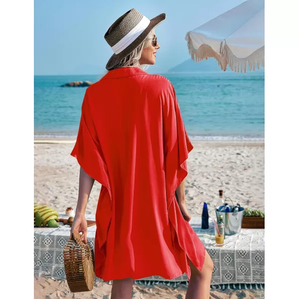 Ekouaer Womens Swimsuit Cover Up 34 Sleeve Beachwear Bikini Coverups Button Down Oversized Cover Up Shirt S3XLRed