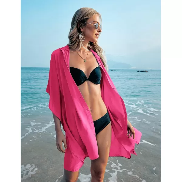 Ekouaer Womens Swimsuit Cover Up 34 Sleeve Beachwear Bikini Coverups Button Down Oversized Cover Up Shirt S3XLRose