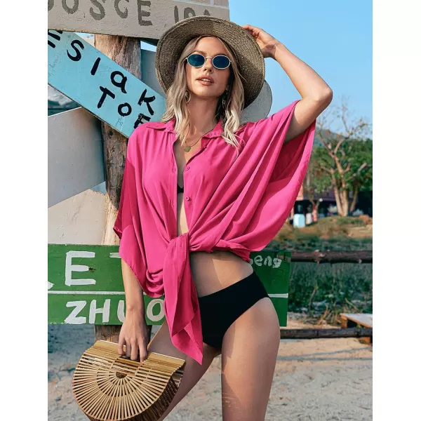 Ekouaer Womens Swimsuit Cover Up 34 Sleeve Beachwear Bikini Coverups Button Down Oversized Cover Up Shirt S3XLRose