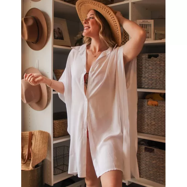 Ekouaer Womens Swimsuit Cover Up 34 Sleeve Beachwear Bikini Coverups Button Down Oversized Cover Up Shirt S3XLWhite
