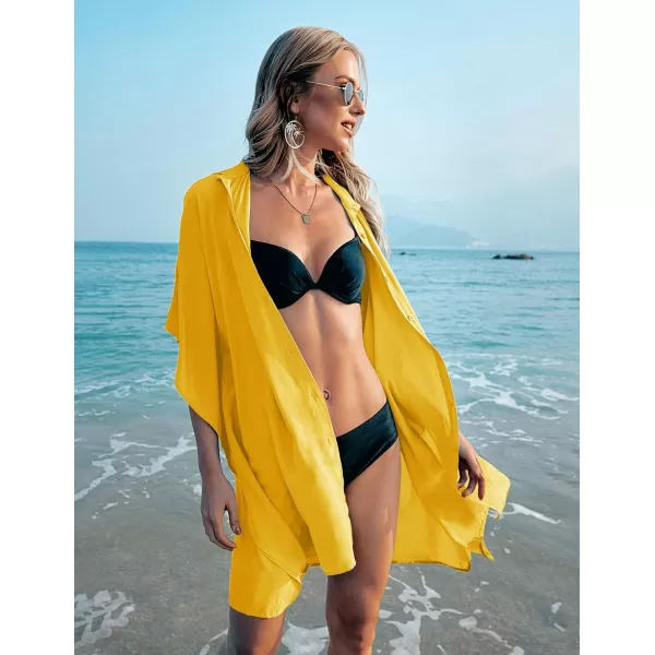 Ekouaer Womens Swimsuit Cover Up 34 Sleeve Beachwear Bikini Coverups Button Down Oversized Cover Up Shirt S3XLYellow