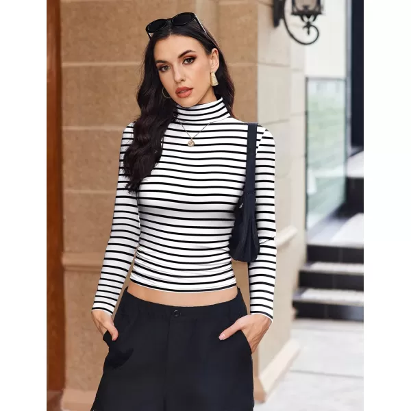 Ekouaer Womens Turtleneck Long Sleeve Shirts Fall Fashion Lightweight Base Layer Solid Slim Fit Thermal Underwear TopsBlack and White Stripes