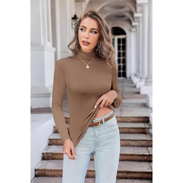 Ekouaer Womens Turtleneck Long Sleeve Shirts Fall Fashion Lightweight Base Layer Solid Slim Fit Thermal Underwear TopsBrown