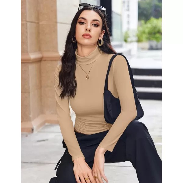 Ekouaer Womens Turtleneck Long Sleeve Shirts Fall Fashion Lightweight Base Layer Solid Slim Fit Thermal Underwear TopsKhaki