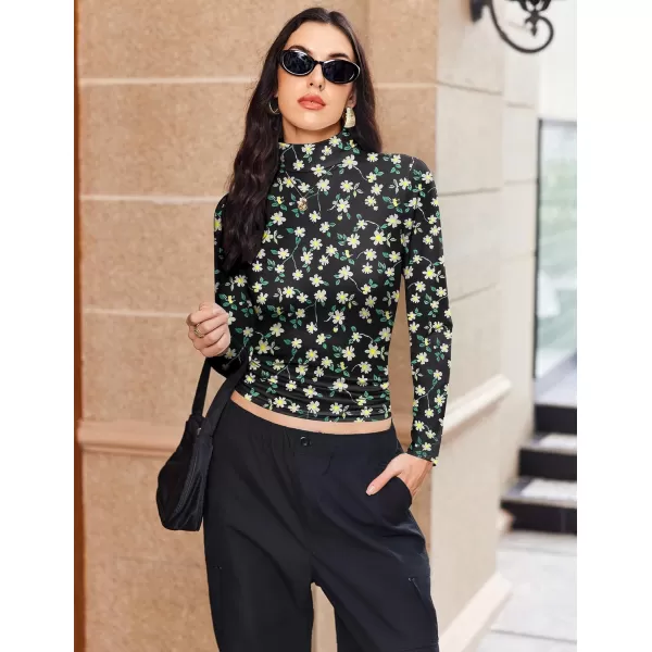 Ekouaer Womens Turtleneck Long Sleeve Shirts Fall Fashion Lightweight Base Layer Solid Slim Fit Thermal Underwear TopsLong Sleeve Little Daisy