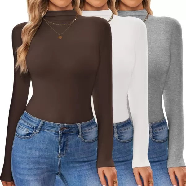 Ekouaer 3 Pack Turtleneck Shirt Women Long Sleeve Mock Neck Slim Fit Tops Winter Thermal Base Layer Soft Stretch UndershirtsBrownLight GrayWhite