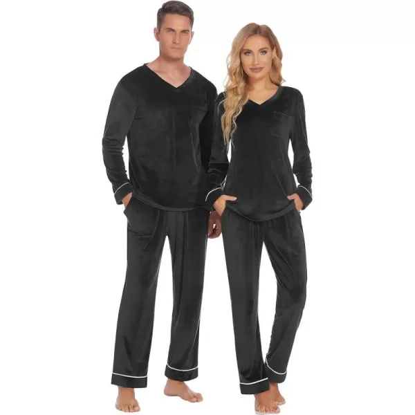 Ekouaer Couples Matching Pajamas Sets Velvet PJs Set for Men and Women Velour Long Sleeve Sleepwear SXXLMen Black