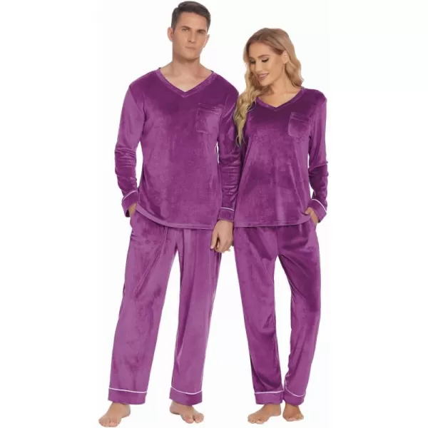 Ekouaer Couples Matching Pajamas Sets Velvet PJs Set for Men and Women Velour Long Sleeve Sleepwear SXXLMen Purple