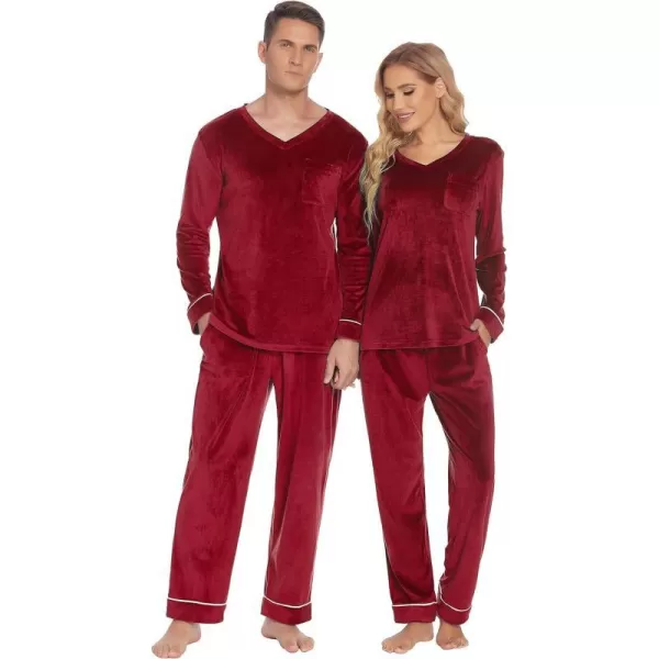 Ekouaer Couples Matching Pajamas Sets Velvet PJs Set for Men and Women Velour Long Sleeve Sleepwear SXXLMen Wine Red