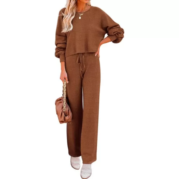 Ekouaer Knit Lounge Sets for Women 2 Piece Cozy Long Sleeve Pullover Sweater Top and Wide Leg Pants Set Pajamas OutfitsBrown