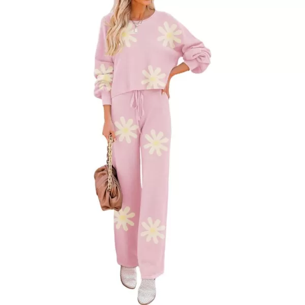 Ekouaer Knit Lounge Sets for Women 2 Piece Cozy Long Sleeve Pullover Sweater Top and Wide Leg Pants Set Pajamas OutfitsFloral Pink