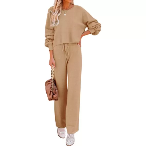 Ekouaer Knit Lounge Sets for Women 2 Piece Cozy Long Sleeve Pullover Sweater Top and Wide Leg Pants Set Pajamas OutfitsKhaki