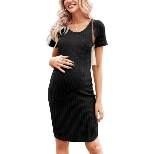 Ekouaer Maternity Dress Rib Knit Short Sleeve Bodycon Dresses Casual Stretchy Pregnancy Clothes SXXLBlack