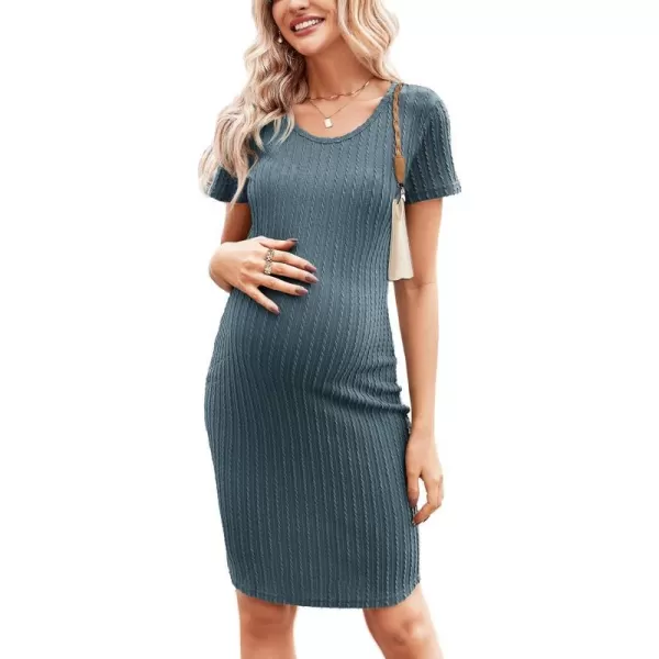 Ekouaer Maternity Dress Rib Knit Short Sleeve Bodycon Dresses Casual Stretchy Pregnancy Clothes SXXLBlue