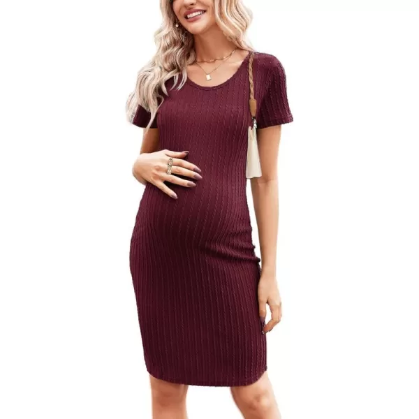 Ekouaer Maternity Dress Rib Knit Short Sleeve Bodycon Dresses Casual Stretchy Pregnancy Clothes SXXLBurgundy