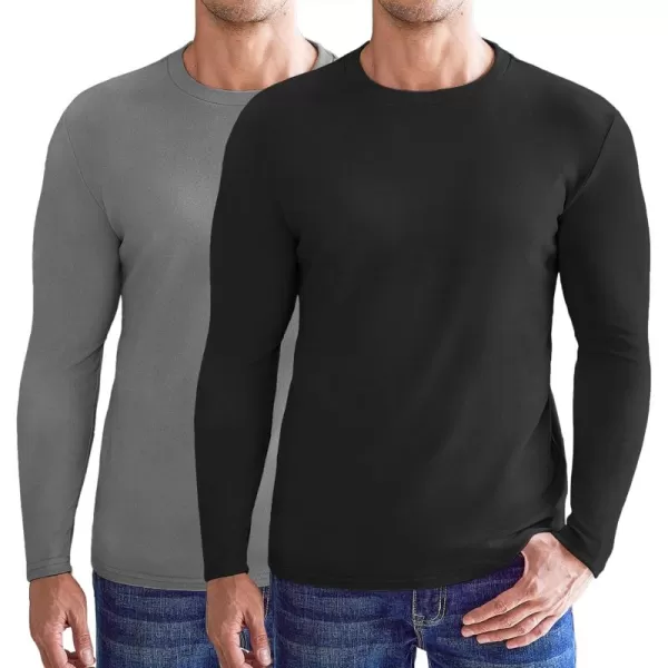 Ekouaer Mens Long Sleeve Shirts Crew Neck Fleece Thermal Undershirts Midweight Sweatshirts Soft Base Layer Pullover Tee Tops2pcs Black Grey