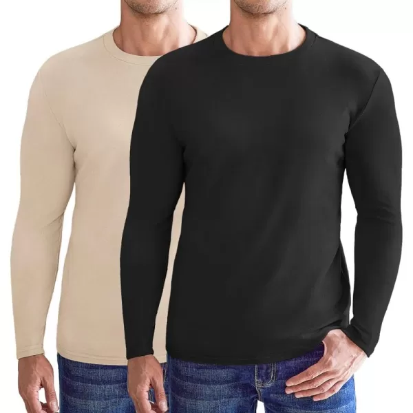 Ekouaer Mens Long Sleeve Shirts Crew Neck Fleece Thermal Undershirts Midweight Sweatshirts Soft Base Layer Pullover Tee Tops2pcs Black Khaki