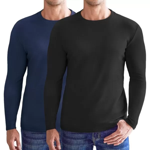 Ekouaer Mens Long Sleeve Shirts Crew Neck Fleece Thermal Undershirts Midweight Sweatshirts Soft Base Layer Pullover Tee Tops2pcs Black Navy Blue