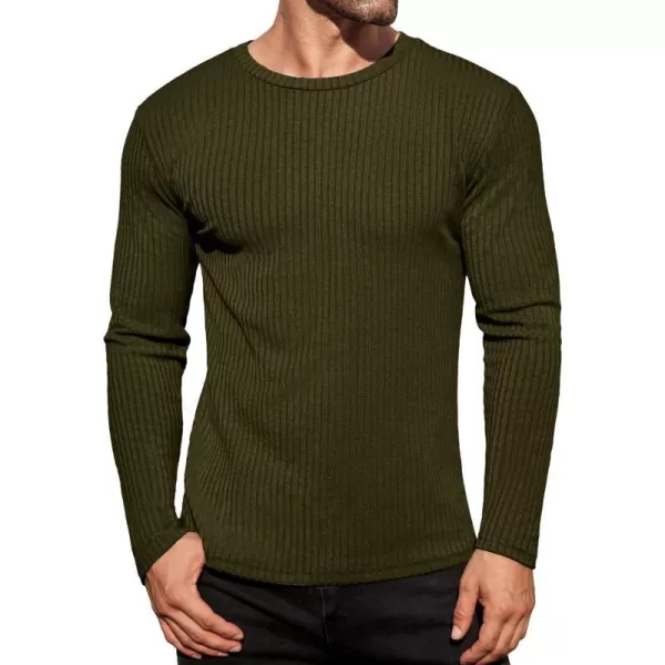 Ekouaer Mens Long Sleeve Shirts Ribbed Pullover Sweater Sim Fit Thermal Tops Crew Neck Stretchy Undershirts SXXLArmy Green