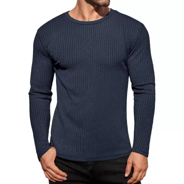 Ekouaer Mens Long Sleeve Shirts Ribbed Pullover Sweater Sim Fit Thermal Tops Crew Neck Stretchy Undershirts SXXLNavy Blue