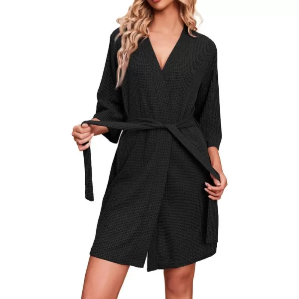 Ekouaer Robes for Women Waffle Knit Bathrobe Soft Lightweight Knee Length Loungewear SXXLBlack