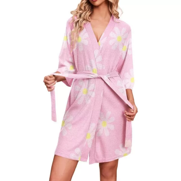 Ekouaer Robes for Women Waffle Knit Bathrobe Soft Lightweight Knee Length Loungewear SXXLFloral Pink