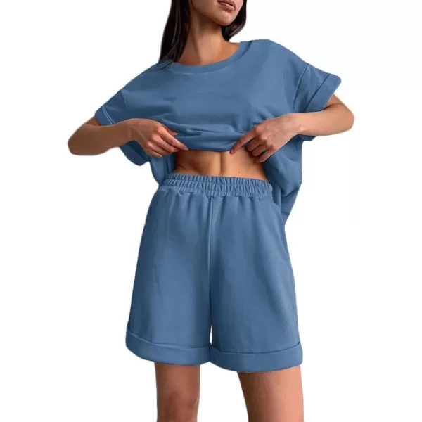 Ekouaer Shorts Pajama Set for Women Soft Casual Lounge Sets Short Sleeve 2 Piece Outfits with Pockets SXXXLNavy Blue