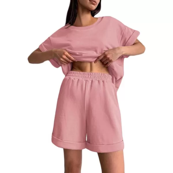 Ekouaer Shorts Pajama Set for Women Soft Casual Lounge Sets Short Sleeve 2 Piece Outfits with Pockets SXXXLPink