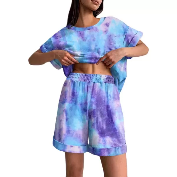 Ekouaer Shorts Pajama Set for Women Soft Casual Lounge Sets Short Sleeve 2 Piece Outfits with Pockets SXXXLPurple Tie Dye