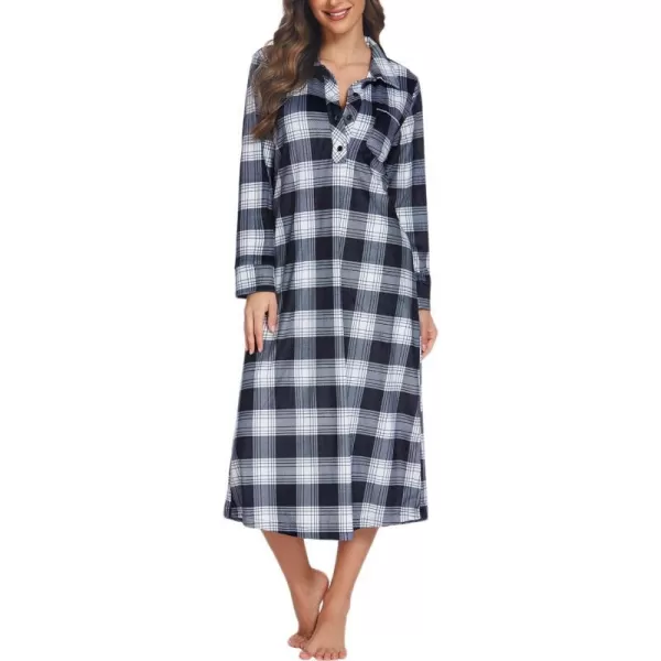 Ekouaer Women Flannel Nightgown Full Length Boyfriend Nightshirt Plaid Long Sleep Dress with Button Loungewear SXXLBlack Plaid