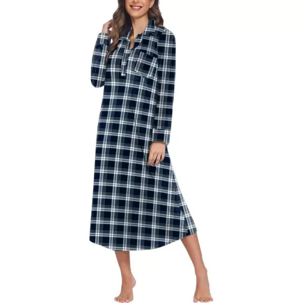 Ekouaer Women Flannel Nightgown Full Length Boyfriend Nightshirt Plaid Long Sleep Dress with Button Loungewear SXXLNavy Blue Plaid