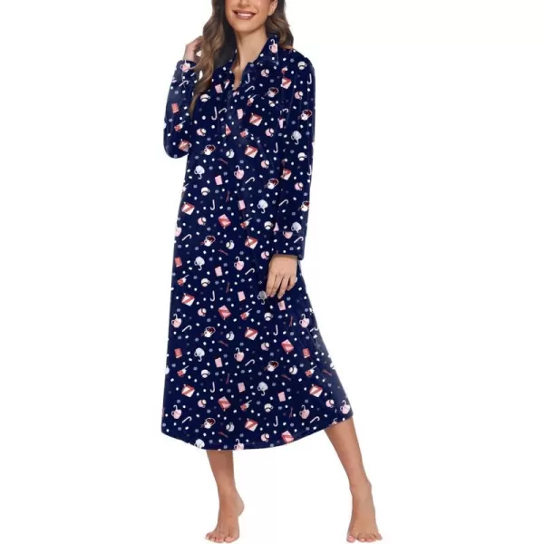 Ekouaer Women Flannel Nightgown Full Length Boyfriend Nightshirt Plaid Long Sleep Dress with Button Loungewear SXXLNavy Christmas Print