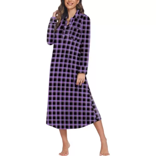 Ekouaer Women Flannel Nightgown Full Length Boyfriend Nightshirt Plaid Long Sleep Dress with Button Loungewear SXXLPurple Plaid