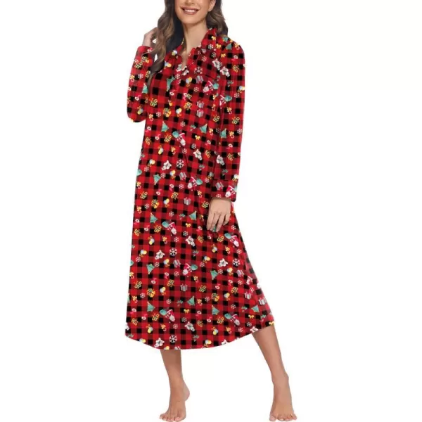 Ekouaer Women Flannel Nightgown Full Length Boyfriend Nightshirt Plaid Long Sleep Dress with Button Loungewear SXXLRed Christmas Print