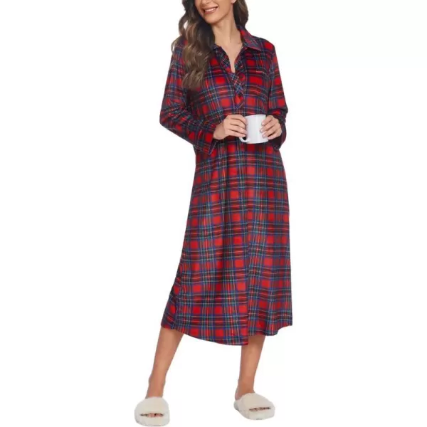 Ekouaer Women Flannel Nightgown Full Length Boyfriend Nightshirt Plaid Long Sleep Dress with Button Loungewear SXXLRed Plaid