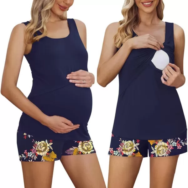 Ekouaer Women Maternity Nursing Pajama Set Breastfeeding Double Layer Tank Top amp Shorts with Pockets Pregnancy PJSBfloral Navy Blue