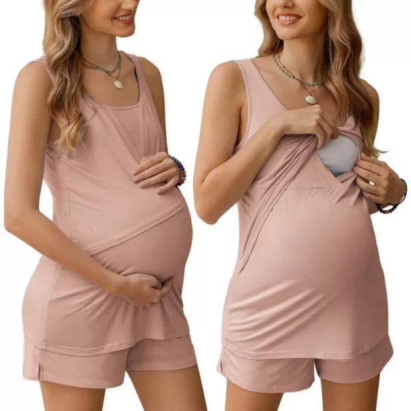 Ekouaer Women Maternity Nursing Pajama Set Breastfeeding Double Layer Tank Top amp Shorts with Pockets Pregnancy PJSBpink