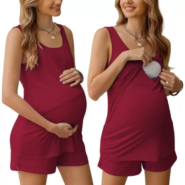 Ekouaer Women Maternity Nursing Pajama Set Breastfeeding Double Layer Tank Top amp Shorts with Pockets Pregnancy PJSBwine Red