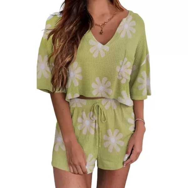 Ekouaer Women Pajama Sets Waffle Knit Lounge Sets Short Sleeves Crop Top 2 Piece Pj Shorts SetAfloral Green