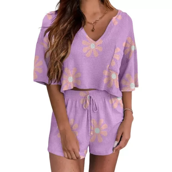 Ekouaer Women Pajama Sets Waffle Knit Lounge Sets Short Sleeves Crop Top 2 Piece Pj Shorts SetAfloral Purple