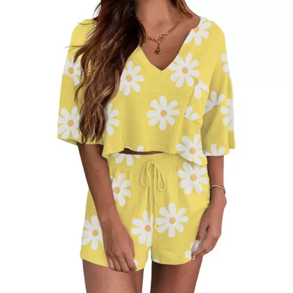 Ekouaer Women Pajama Sets Waffle Knit Lounge Sets Short Sleeves Crop Top 2 Piece Pj Shorts SetAfloral Yellow