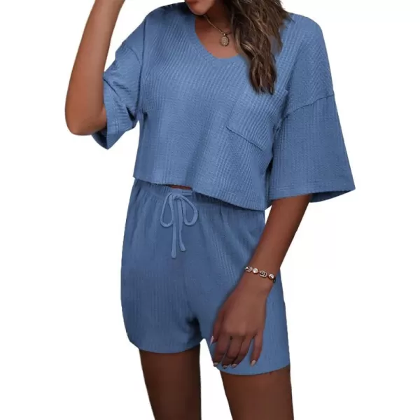 Ekouaer Women Pajama Sets Waffle Knit Lounge Sets Short Sleeves Crop Top 2 Piece Pj Shorts SetBlue