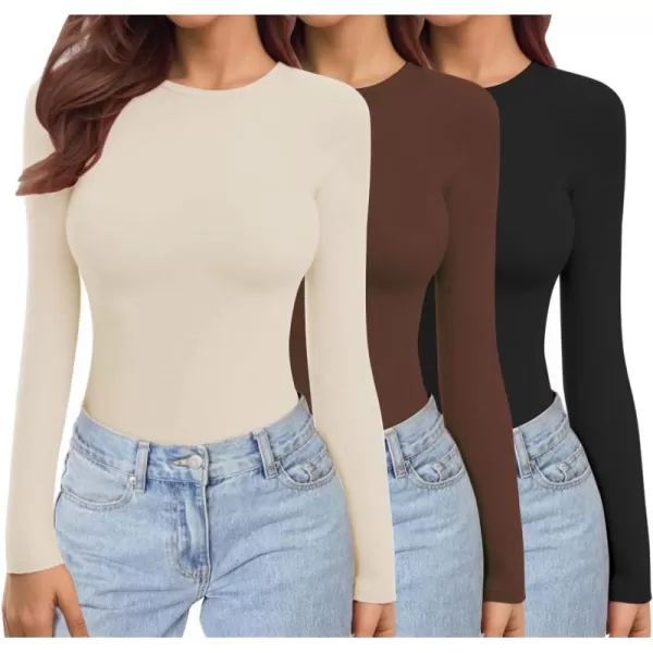 Ekouaer Womens 3 Pack Long Sleeve Shirts Crew Neck Stretch Fitted Underscrubs Trendy Basic Tops Lightweight Thermal TeeBlackCoffeeBeige