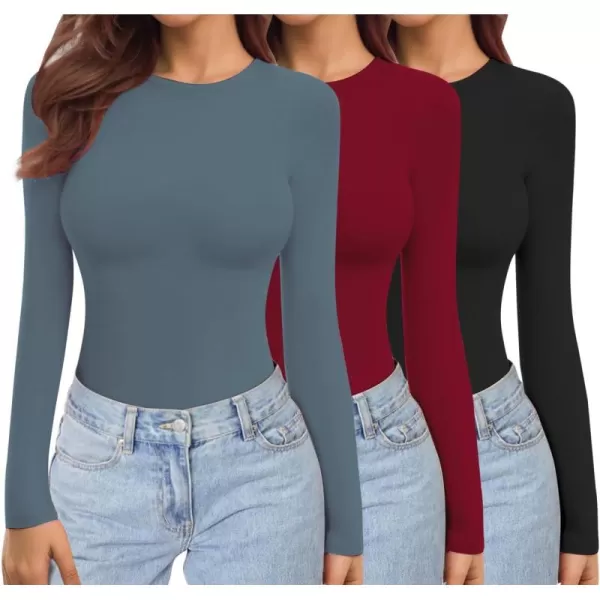 Ekouaer Womens 3 Pack Long Sleeve Shirts Crew Neck Stretch Fitted Underscrubs Trendy Basic Tops Lightweight Thermal TeeBlackWineredBlue