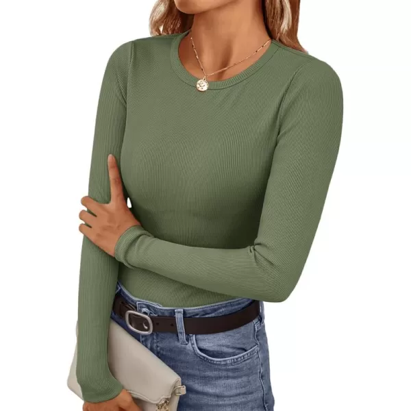 Ekouaer Womens Long Sleeve Shirts Crew Neck Stretchy Fitted Ribbed Tops Basic Base Layer Soft Thermal Undershirts TeeArmy Green